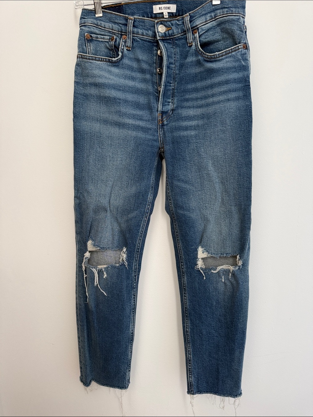 Re/Done Women's Blue Slim Straight Distressed Jeans